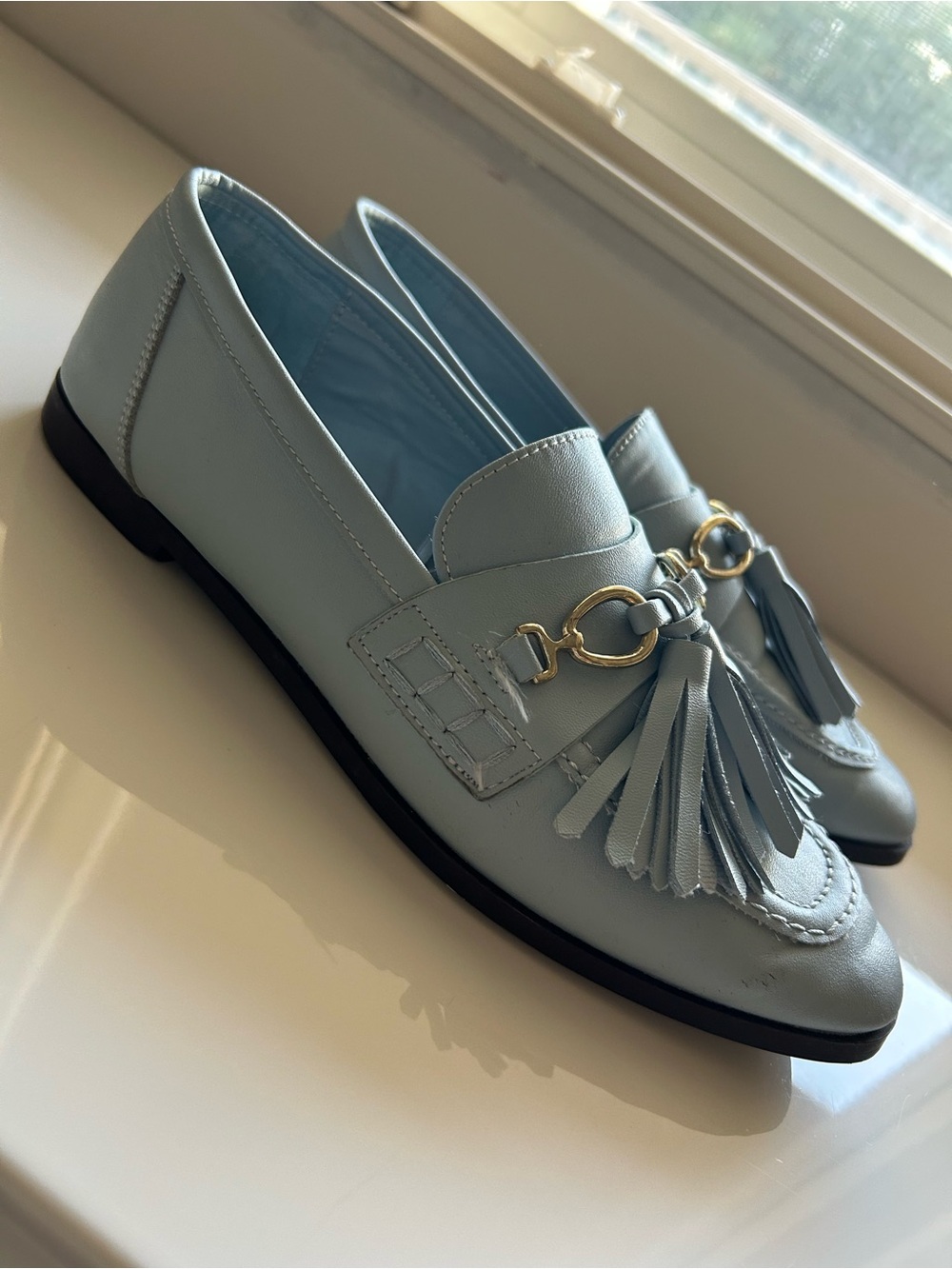 Zara Pale Blue Tassel Loafers with Gold Hardware - Women